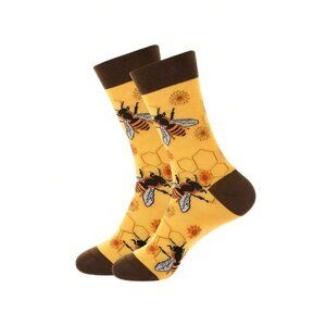 1/2/4 Pairs Men's Funny Patterned Mid-Calf Socks Multi-Colored Bee Yellow Design